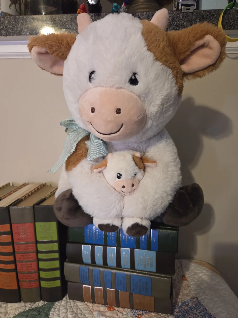 Plush Cow with Mini Calf - Soft White and Light Brown Cute plush stuffy highland